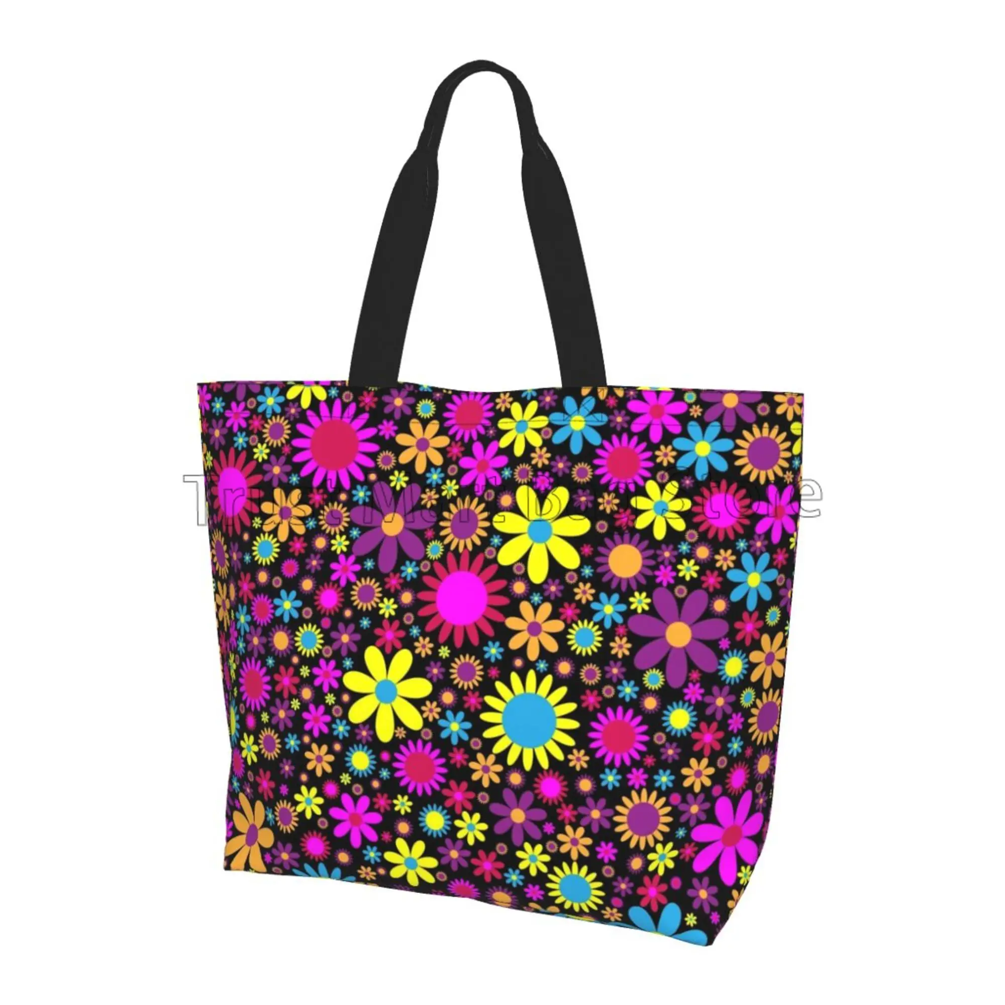 Hippie Flower Large Canvas Tote Bag Women Reusable Casual Shoulder Bag Handbag Multipurpose Shopping Travel Grocery Bag