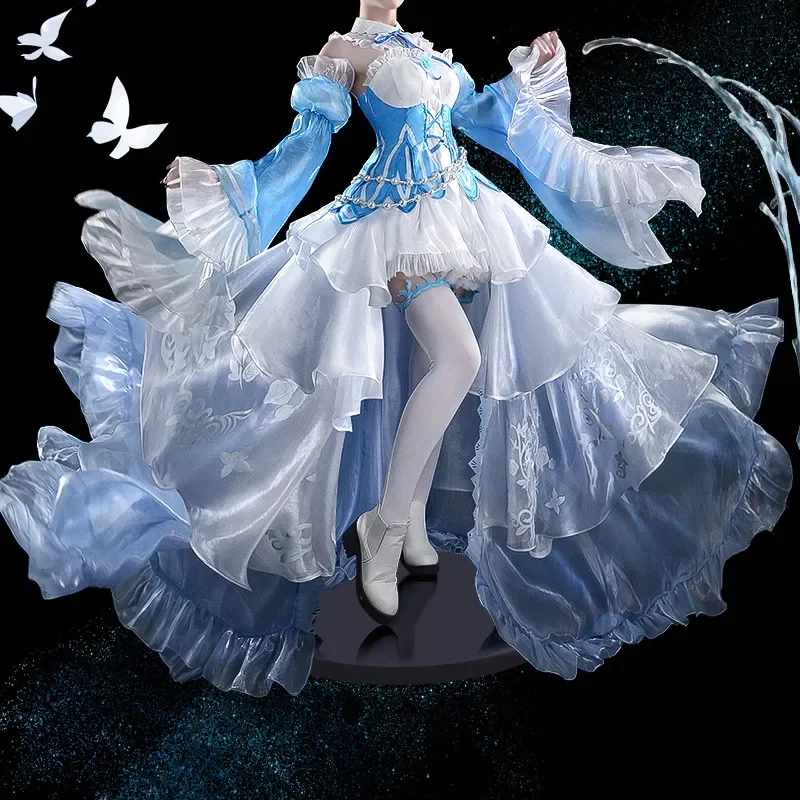 Disfraz de Re Zero, vestido de Ramu REM, precioso vestido de cristal de hielo, conjunto de uniforme precioso, pelucas para mujeres y niñas, zapatos para el cabello Cos