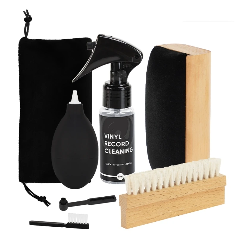 7 in 1 Vinyls Record Cleaning Kit for Turntables Record Wood Handle Velvet Brush Air Blower Styluses Brush Storage Bag