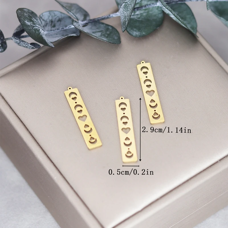 3pcs Rectangle Heart Moon Phase Charms DIY Craft Earrings Necklace Stainless Steel Pendant For Jewelry Making Accessory