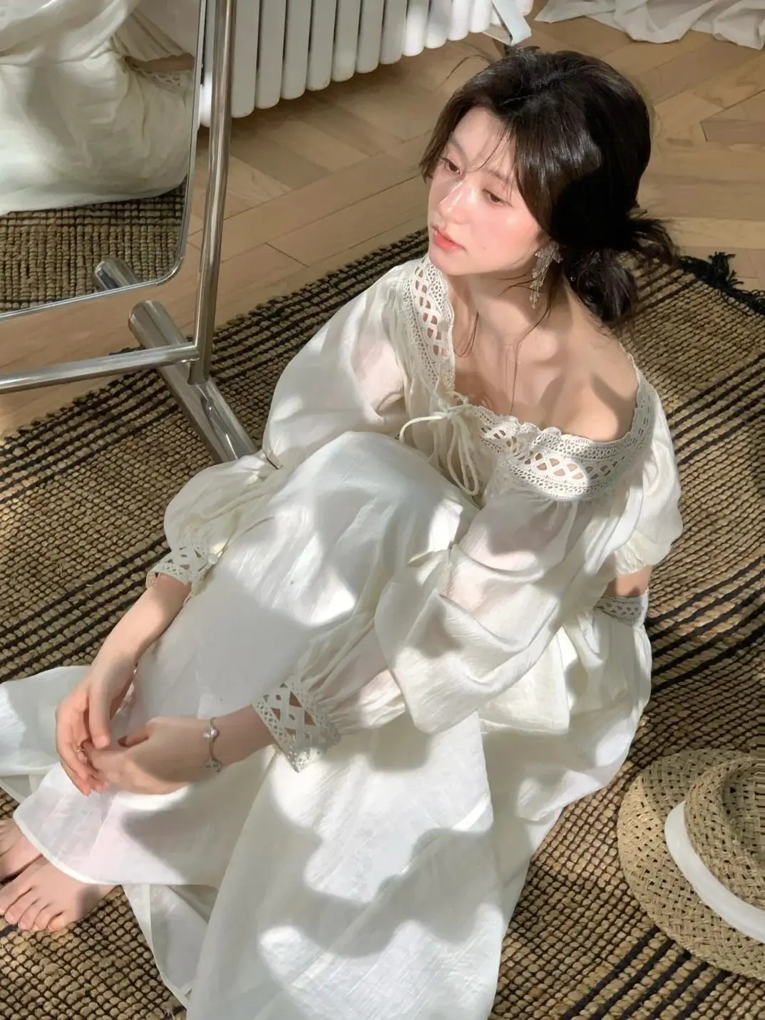 

2024 Off-Shoulder Blouse & Maxi Skirt Set - Lace Trim Tie Neck Top with Flowy Long Skirt, Elegant Two Piece Outfit f179