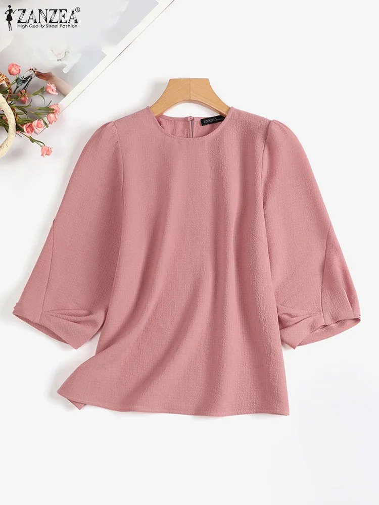 ZANZEA 2023 Autumn Spring Women Blouses Solid Tops 3/4 Sleeved Office O-Neck Shirts Blusas Casual Streetwear Female Tunic