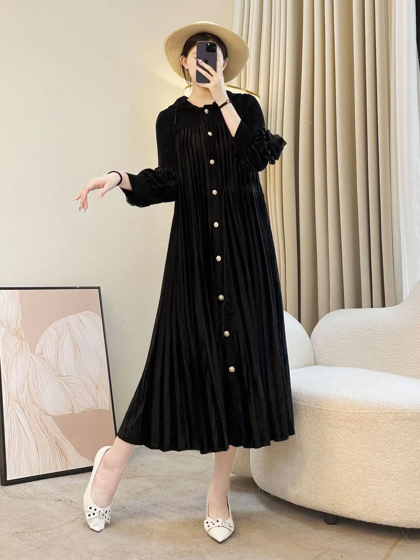 Robe longue plissée élégante pour femmes, Texture velours, robe Maxi boutonnée à manches longues, mode automne hiver