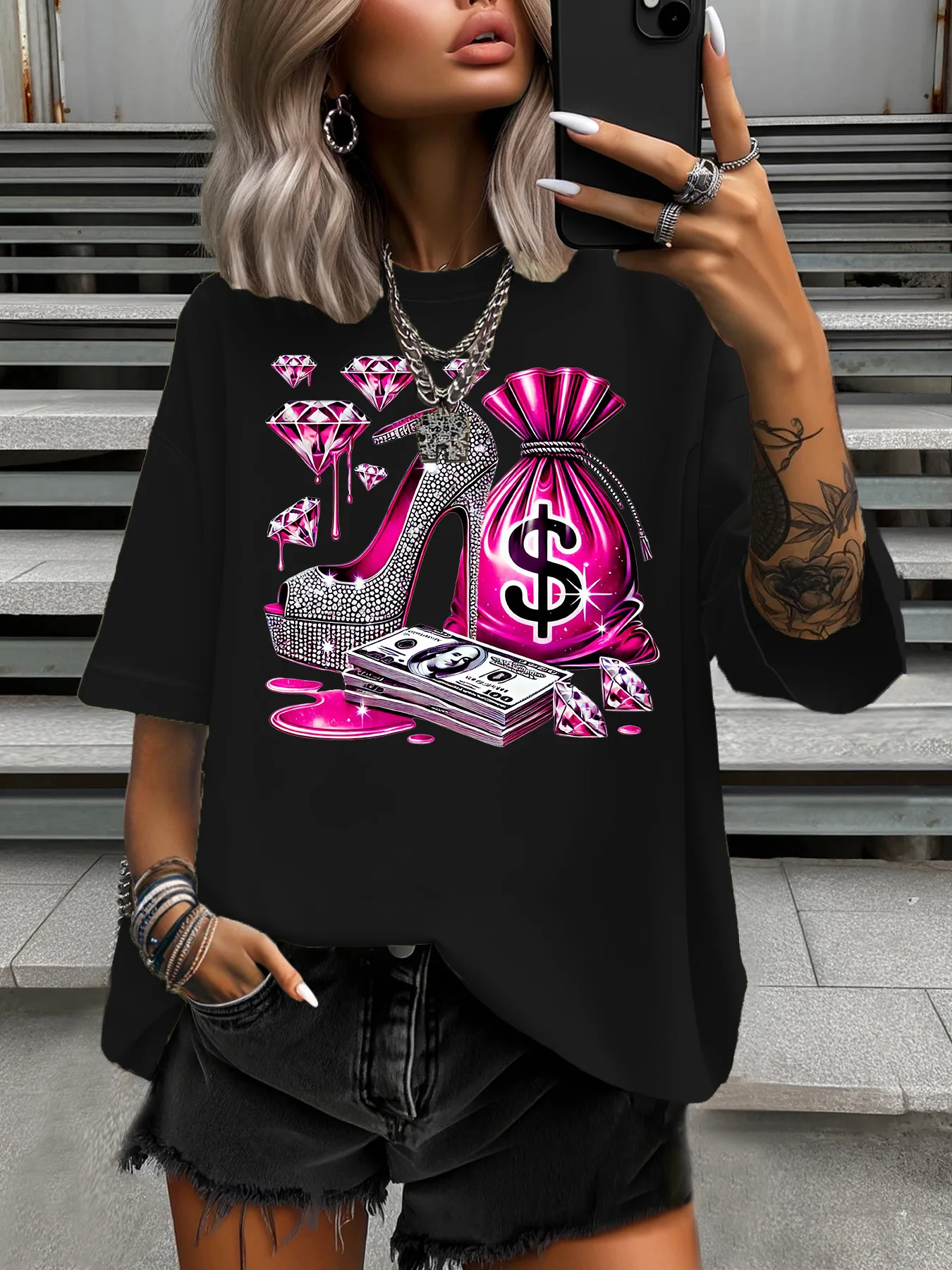 

Summer Women's Plus Size T-Shirt Original Design Fashion Diamond Cash Printed Women's Casual Soft Round Neck Short Sleeved Tops