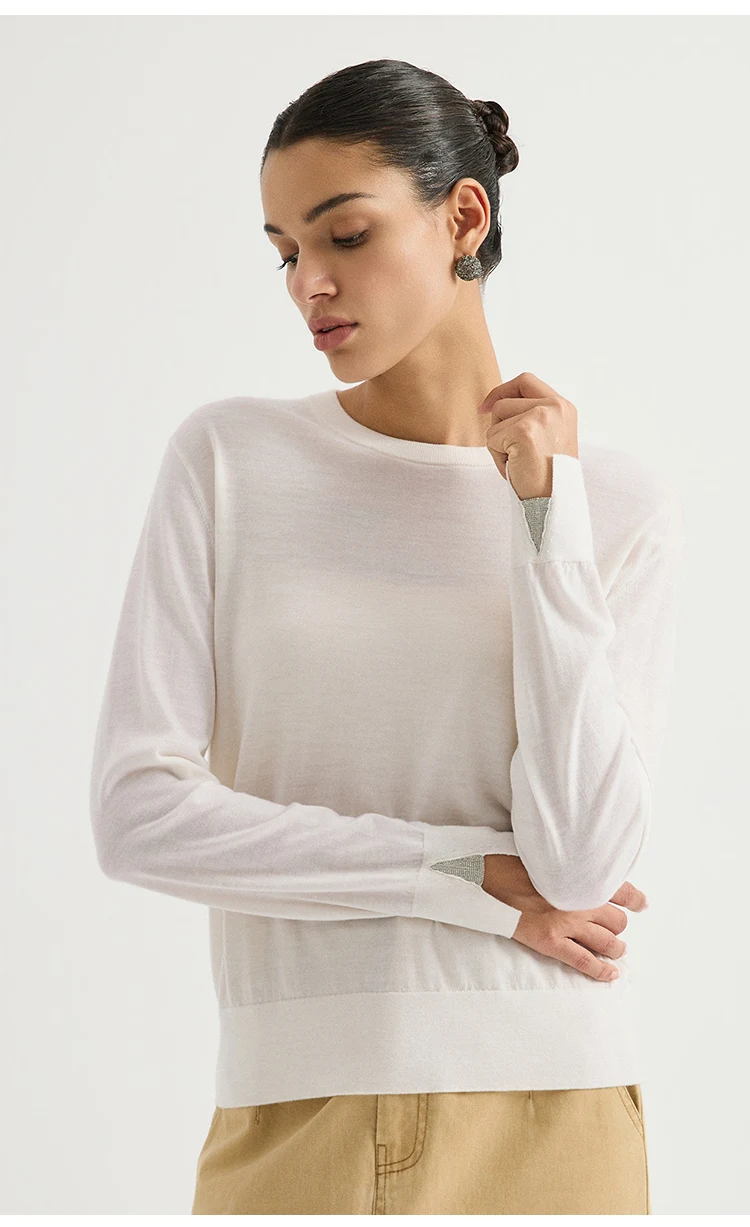 BY3621740 Damen-Pullover mit Rundhalsausschnitt, 100% Wolle, Feinstrick, Langarm, Manschettenschlitz, Kettenabzeichen, entspannte Passform, Bürokleidung, Frühherbst – Detail 5