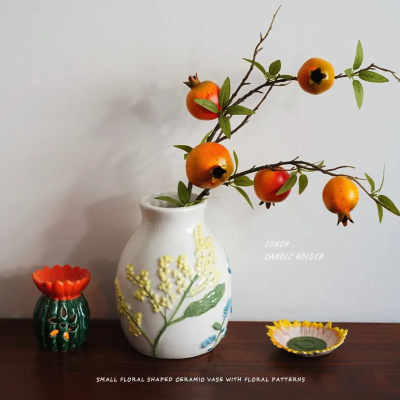 European Vases Relief Hand-painted Flower Shape Ceramic Vase Flower Arrangement Decoration Room Decor Living Room Decorations