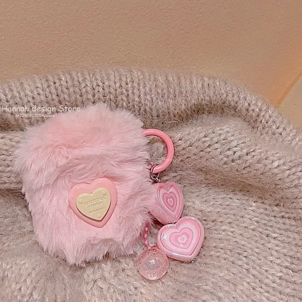 Cute Plush Pink 3D Love Heart Autumn And Winer Knitting Earphone Protective Shell Soft Case For Airpods 1 2 3 Pro 2 With Pendant