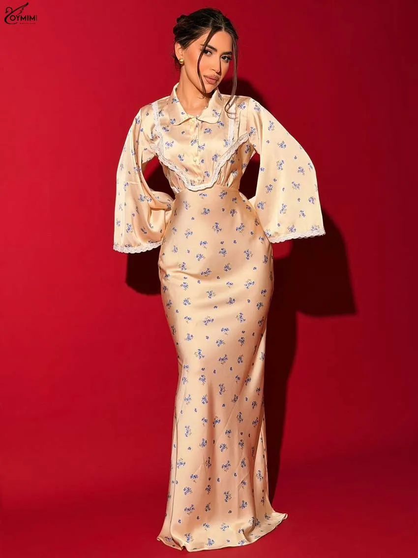 Oymimi Elegant Khaki Print Dresses For Women Fashion Lapel Satin Long Sleeve Lace Button Dresses Casual Slim Floor-Length Dress