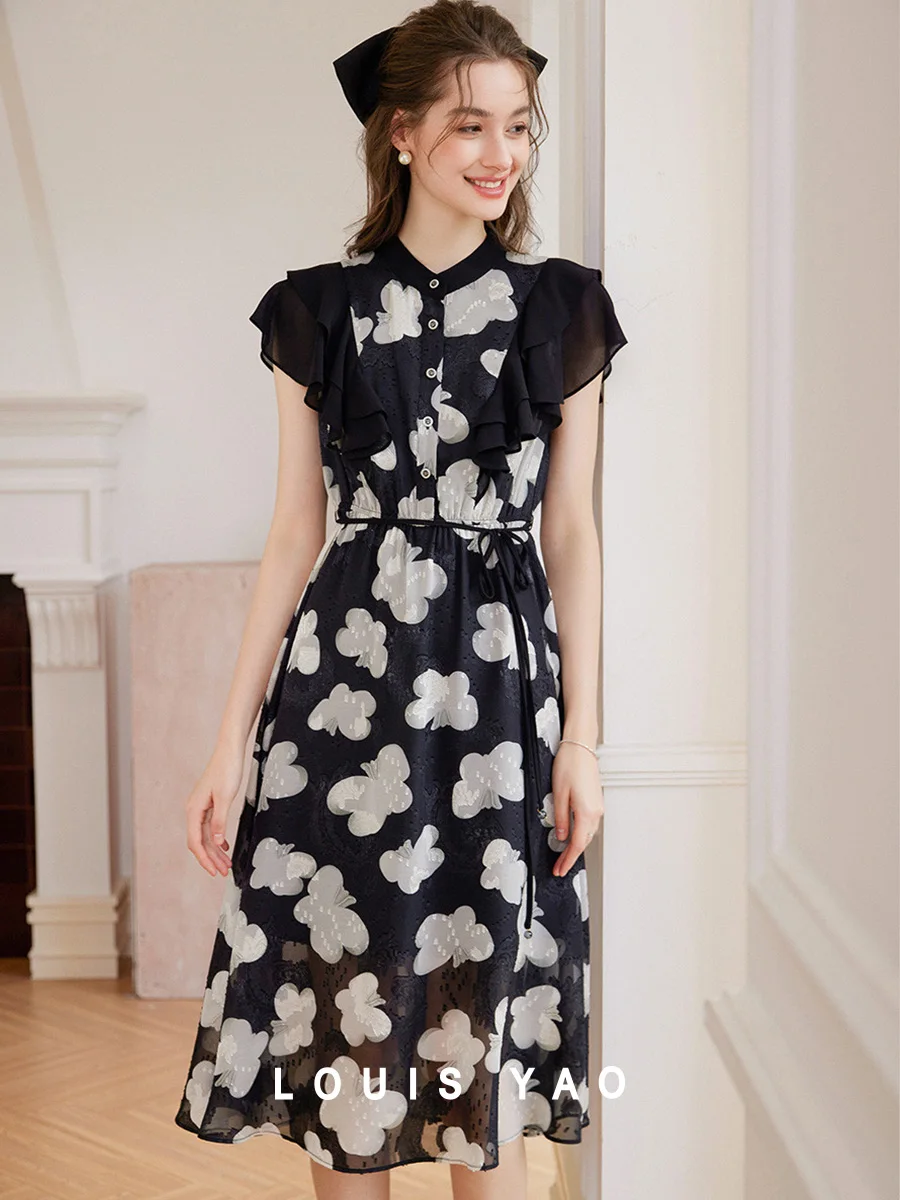 

LOUIS YAO 2025 Summer Fashionable Double layered Flying Sleeve Printed Skirt with Temperament Slim Fit Long Women's Skirt Dress