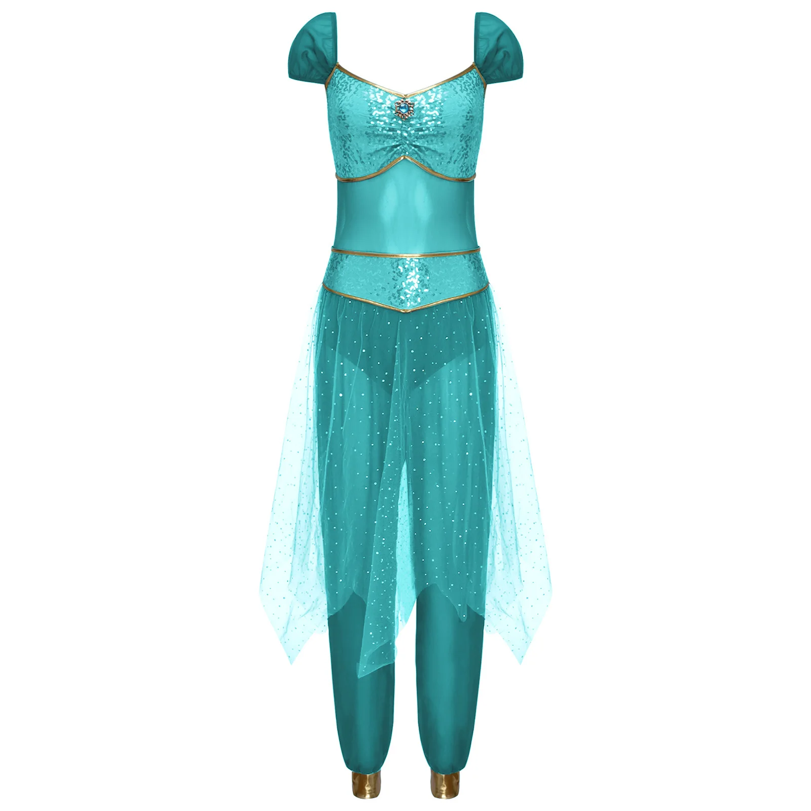 

Women Belly Dance Romper with Sequined Overlay Contrast Color Sleeveless Jumpsuit for Halloween Performance Stage Dress Up