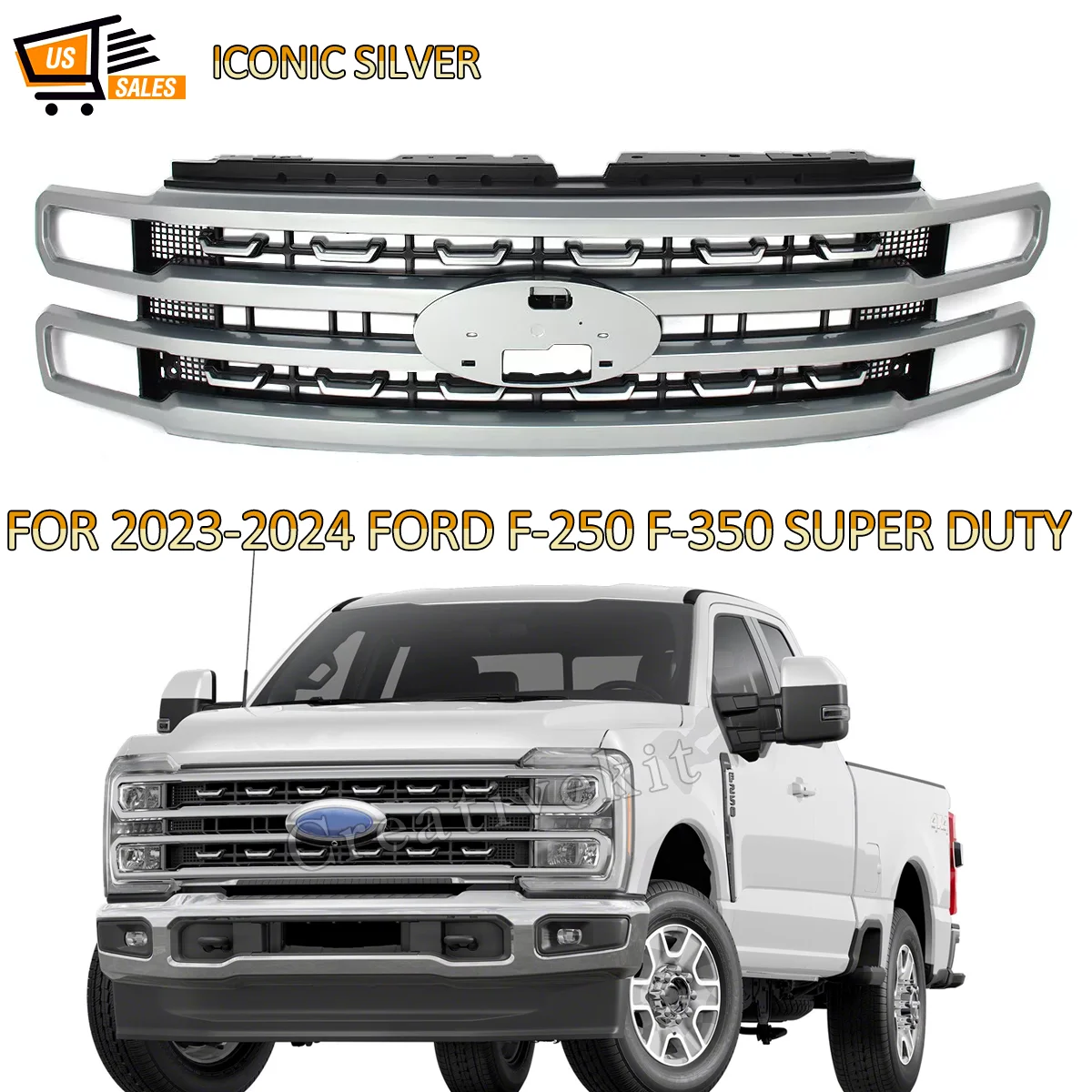 Silver Front Bumper Grille Modified Grill Fit For Ford F250 F350 F450 Platinum Super Duty 2023 2024 Front Hood Grill Accessories