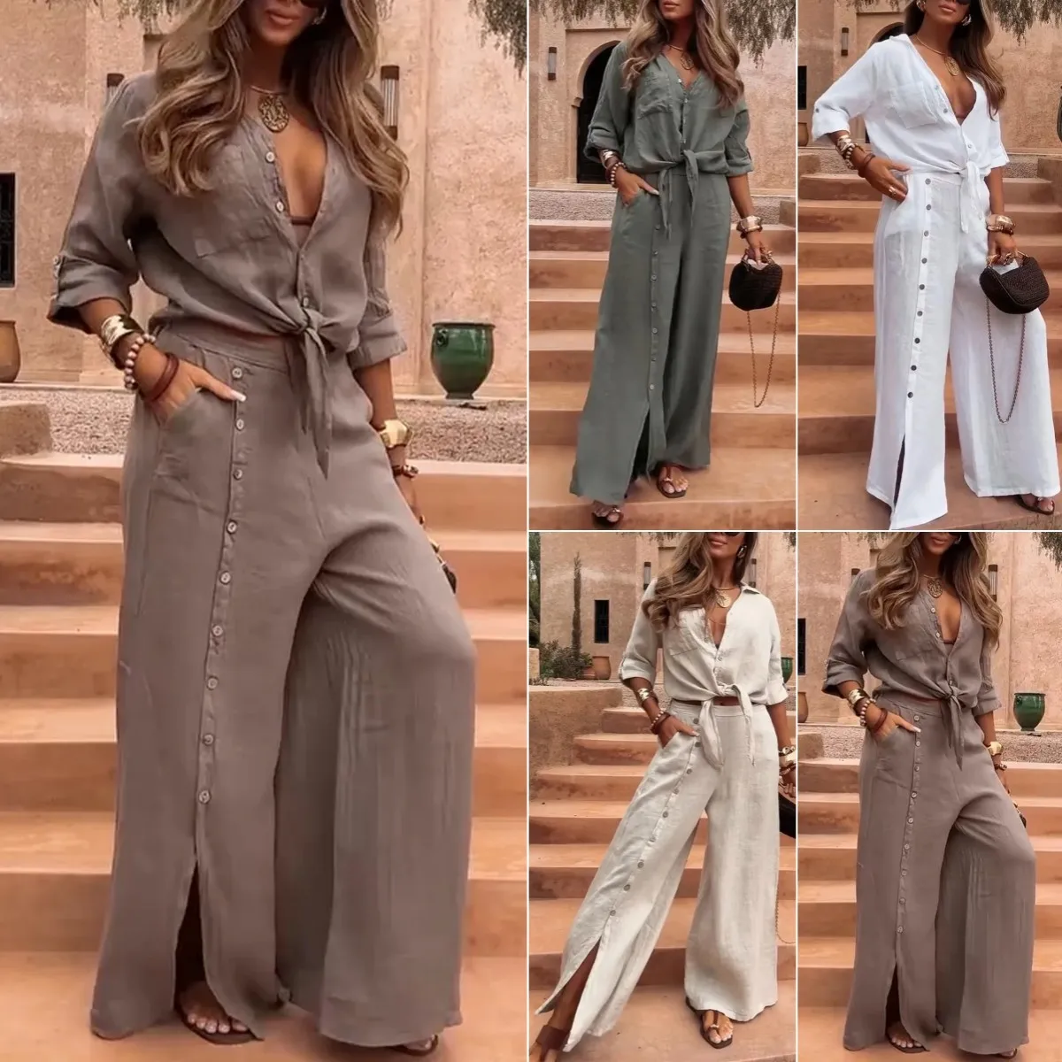 

Весенние женские новые костюмы с длинными рукавами, повседневная однобортная рубашка с v-образным вырезом, топ и однотонные широкие длинные брюки, комплект из 2 предметов