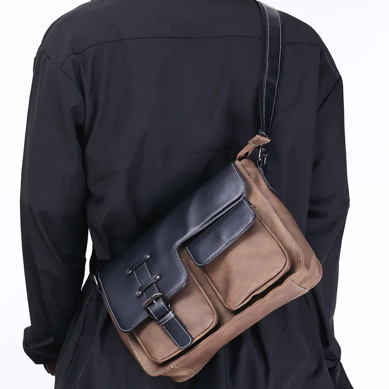 PU leather men's large capacity retro messenger bag with color-matching multiple pockets 9-inch water-resistant crossbody bag