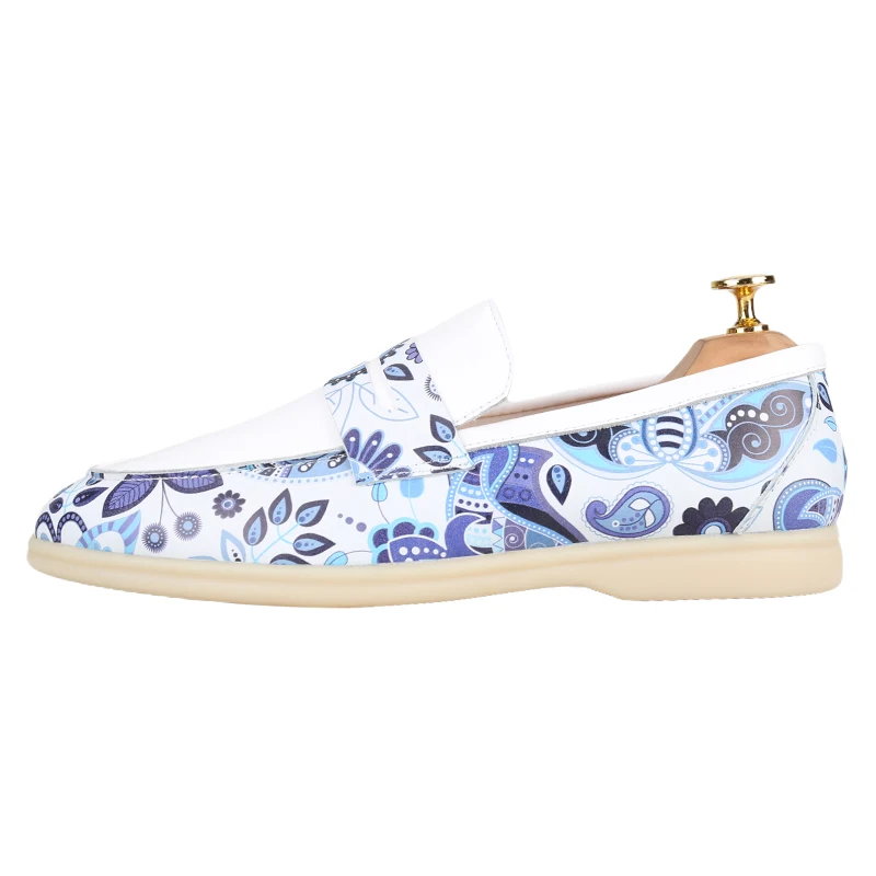 Piergitar Bohemian Style Paisley Printing Leather Slip-On Men Penny Loafers Handmade Low-Top Flats Cream Color Non-Slip Sole
