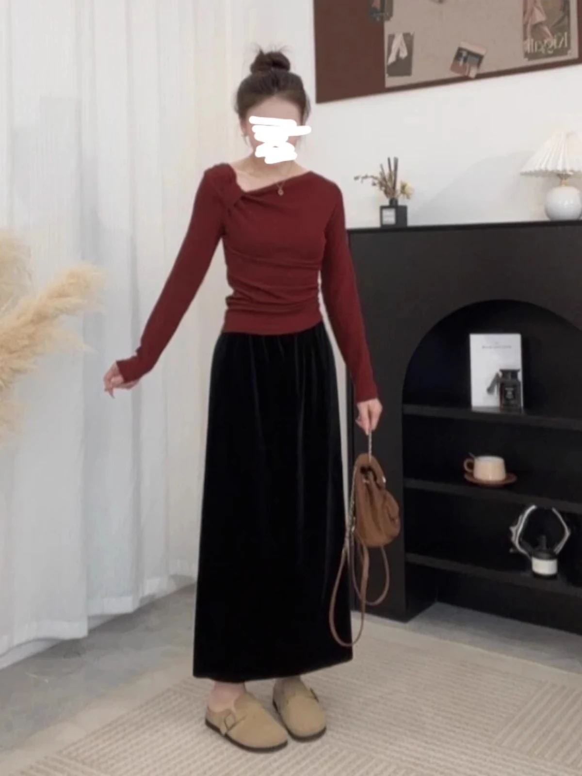 

Women's Spring Autumn Folded Long Sleeve T-Shirt Base Shirt Top Half Skirt Two Piece Set Fashionable Unique Elegant Base Shirt