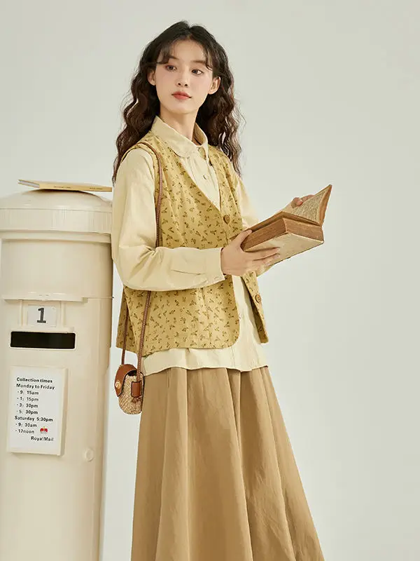 Korea 3-piece Retro Shirt Vest Skirt College Style Casual Versatile Slimming Girly Style Solid Color Fashion Simple Commuting