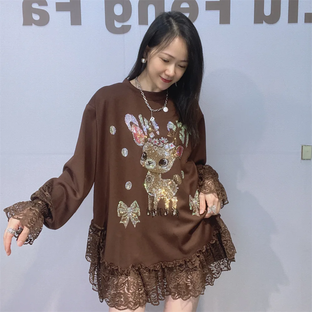 2026 New Autumn Space Cotton Long Sleeve Women Sweatshirt Lace Splicing Oversize O-neck Pullover Top Hot Diamonds Casual T-shirt
