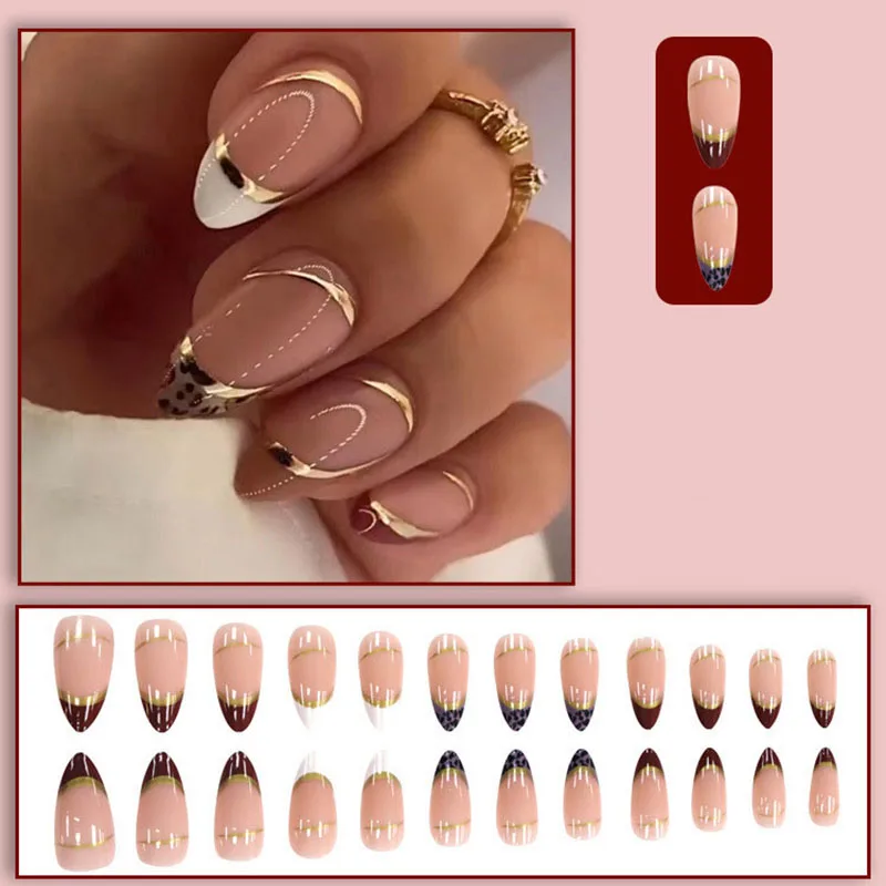 Medium fake nails for women girls Nude almond nail art tips with leopard golden strips design full cover press on false nail view 2