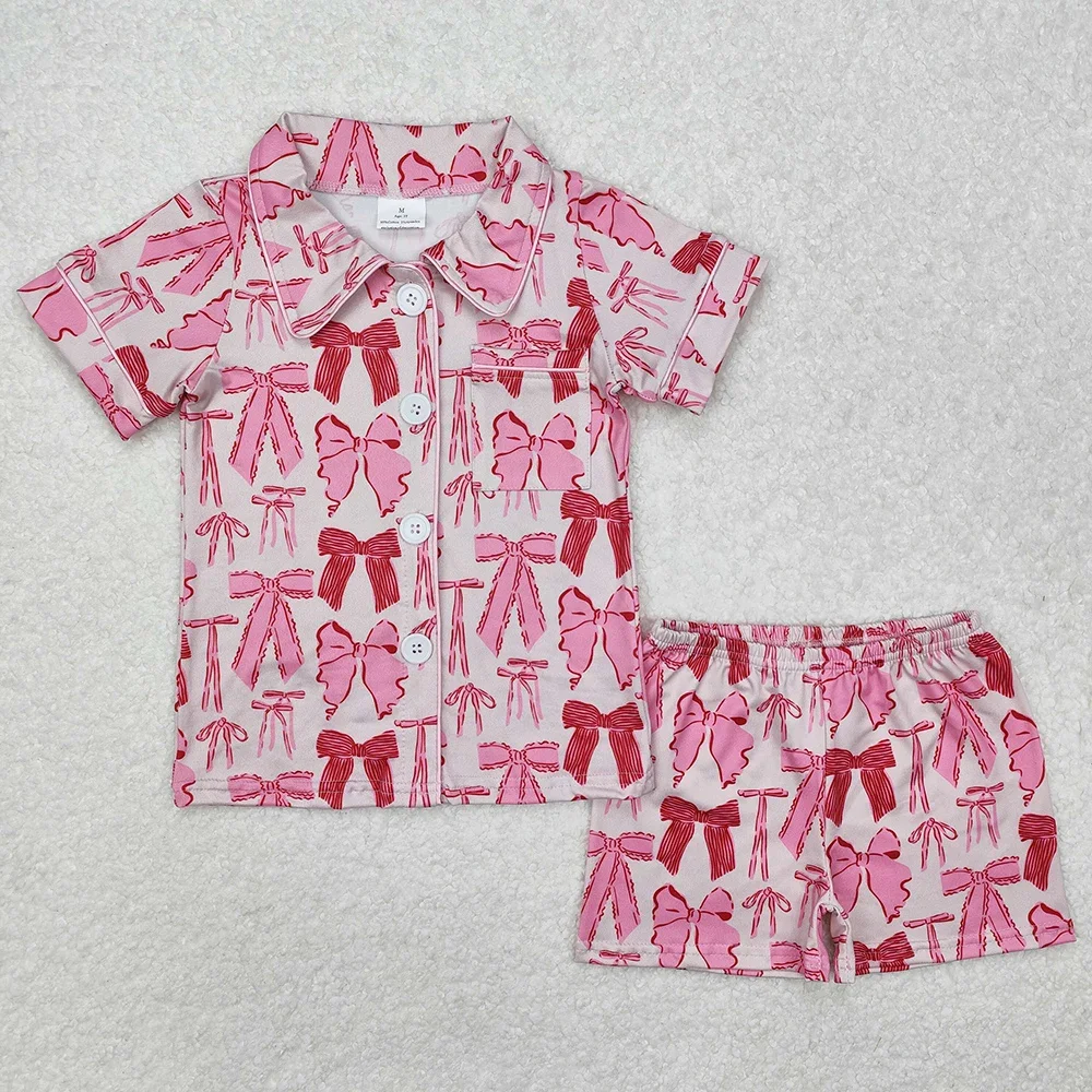 

Hot Sale Kids Designer Clothes Girls Pink Bows Pocket Lapel Buttons Shirt Shorts Pajamas Baby Girls Pajamas New Sleepwear Sets