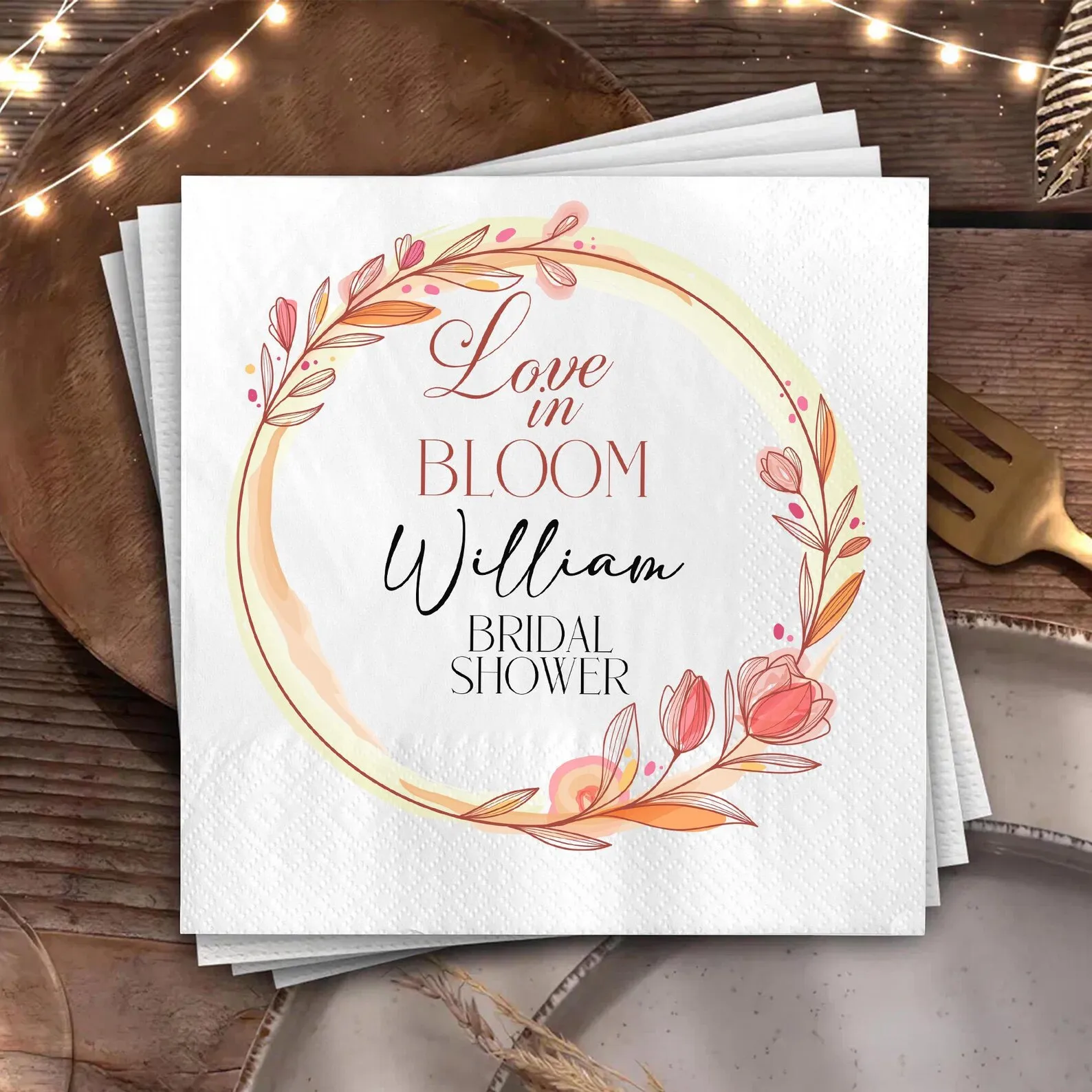 Personalized Bridal Shower Napkins, Custom Love In Bloom Guest Towels, Printed Wedding Cocktail Napkins, Elegant Floral Party Na