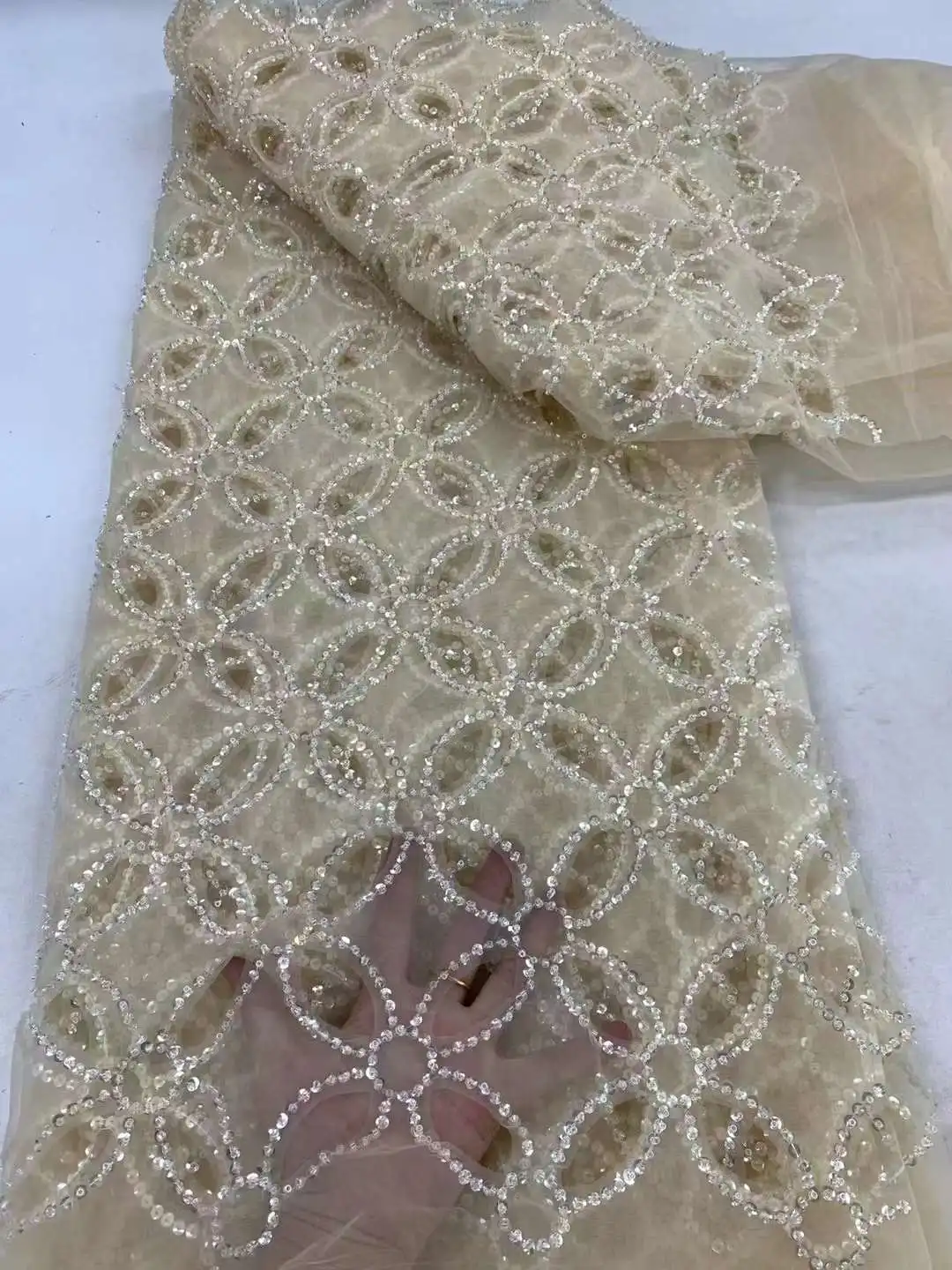 Tissu en dentelle perlée pour robe de soirée, maille française, tulle africain, paillettes, super rapfraîchement, blanc marine, haute qualité