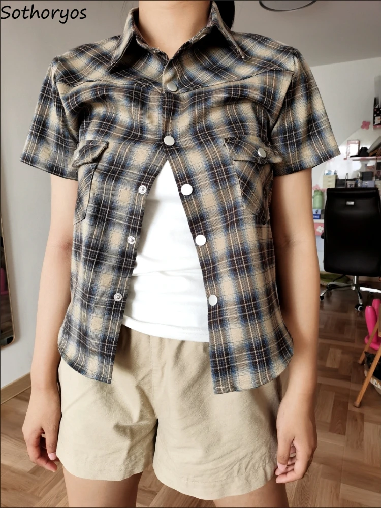 Sommer Plaid Shirts Frauen Schlank Vintage Sexy Y2k Tops Mädchen Zarte Klassische Harajuku Casual Taschen Studenten Hotsweet Outdoor Chic