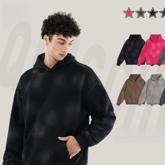 

400G Heavyweight Vintage Spray Washed Gradient Hoodie Loose Fit Acid Wash Mens Sweatshirt Trendy Brand Cross Border Apparel