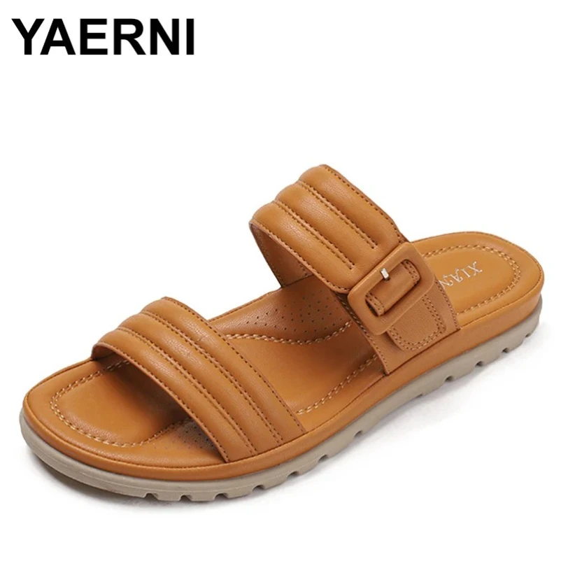 

New Women's Summer One Word Flat Sole Sandals Soft Sole Non Slip Breathable Little Size Buckle Strap Beach Sandals