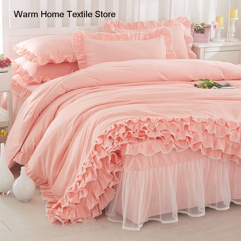 Korean Princess Duvet Cover 4 Piece Set Solid Color Ruffles Lace Quilt Cover And Pillowcase For Girl Woman Romantic Bedspread