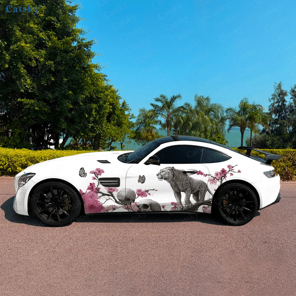 

Lion Flower Branch Skull Car Side Sticker Decor, PVC Waterproof Scratch Resistant Decal, Car Protection, Auto Accessories Gift