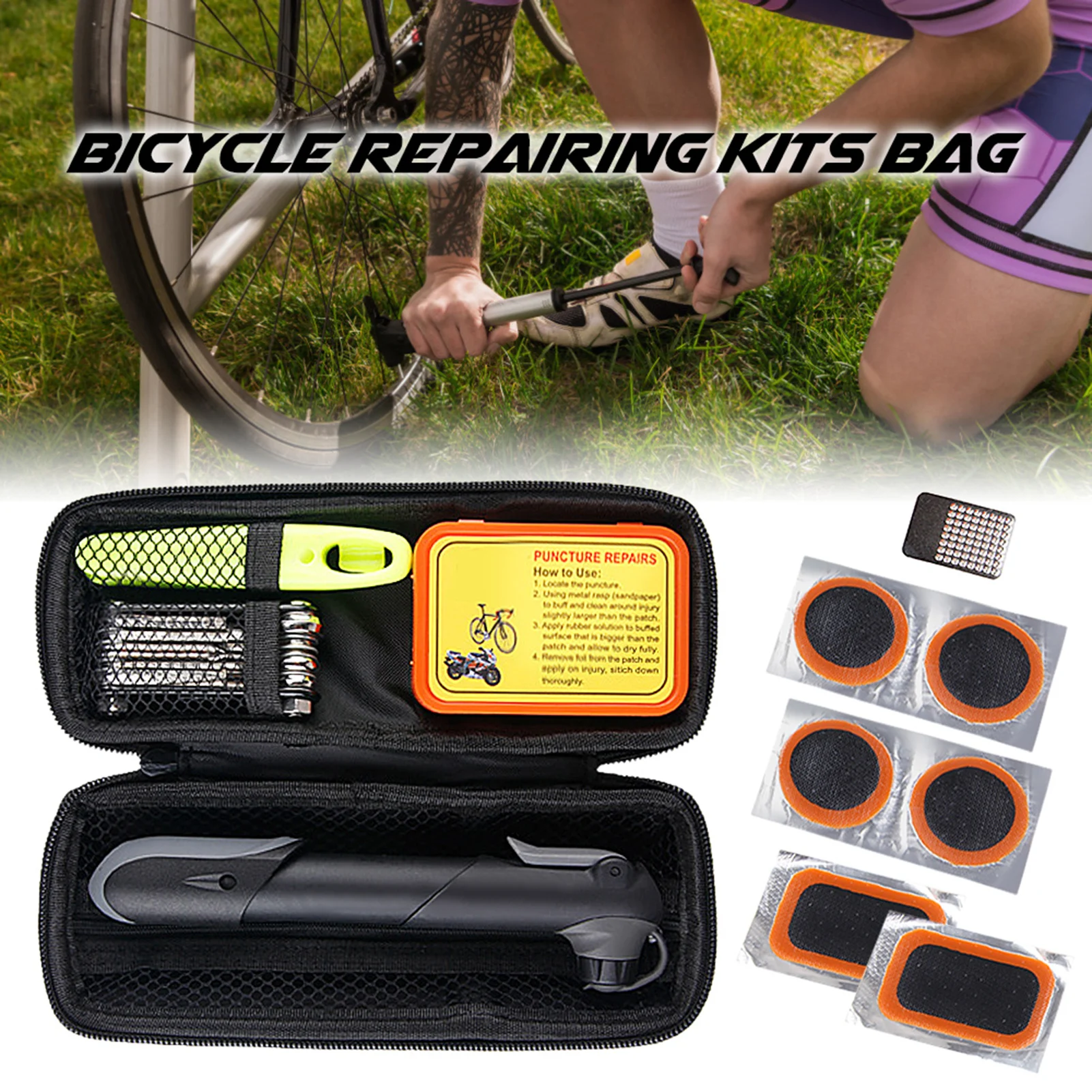 

Portable Bike Repair Kit Multifunctional Bicycle Tools Set with Tire Pump Tube Patches Levers Fixing Bag for MTB Road Bike