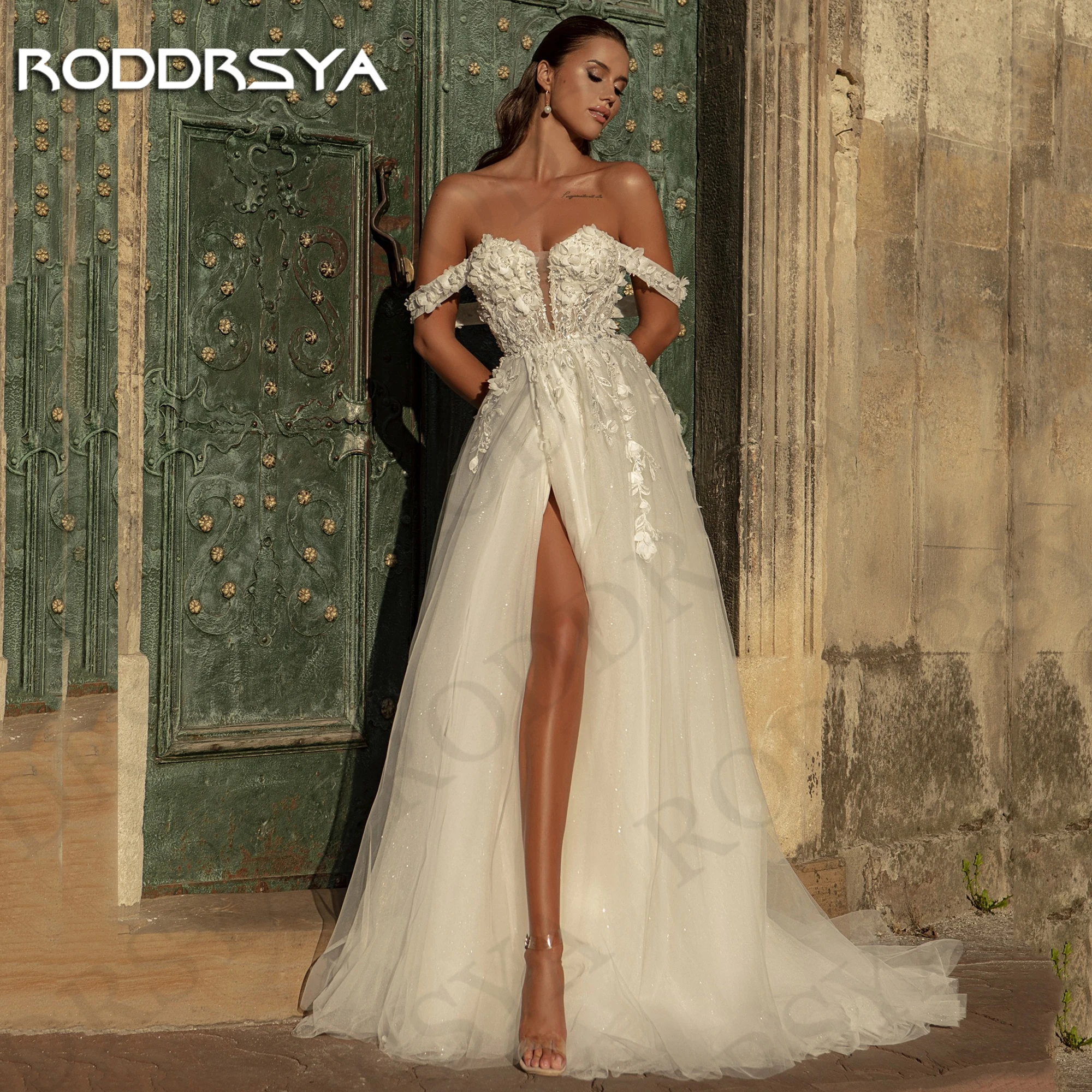 

RODDRSYA Sparkly Off Shoulder Wedding Dress vestidos novias boda 3D Flower Lace Tulle A Line Bridal Dresses Open Back Sweetheart