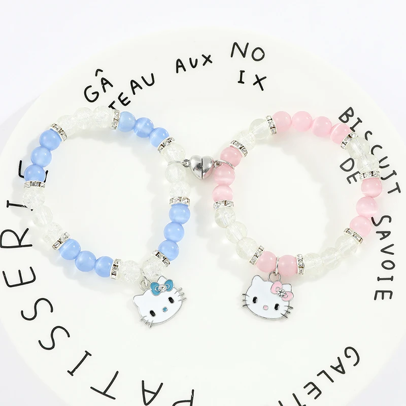 2Pcs Fashion Cartoon Cute Hollow Out Kt Cat Pendant Beaded Bracelets Creative Heart Magnets Attract Couple Bracelets Gifts