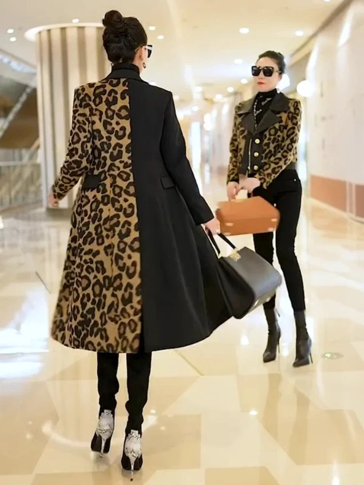 Fashion Y2k Leopard Print Spliced Trench Coat Office Mid-Length Coats Fall/Winter Suit Collar Gold Buckle Windbreak Jacket Women