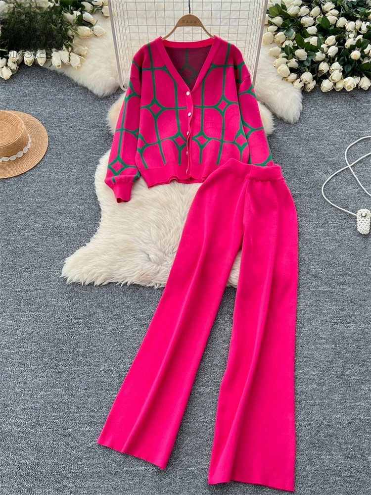 Basics Print Knit Two Pieces Sets Autumn Winter Single Breasted Cardigan+Wide Leg Long Pants Fashion Streetwear Suits