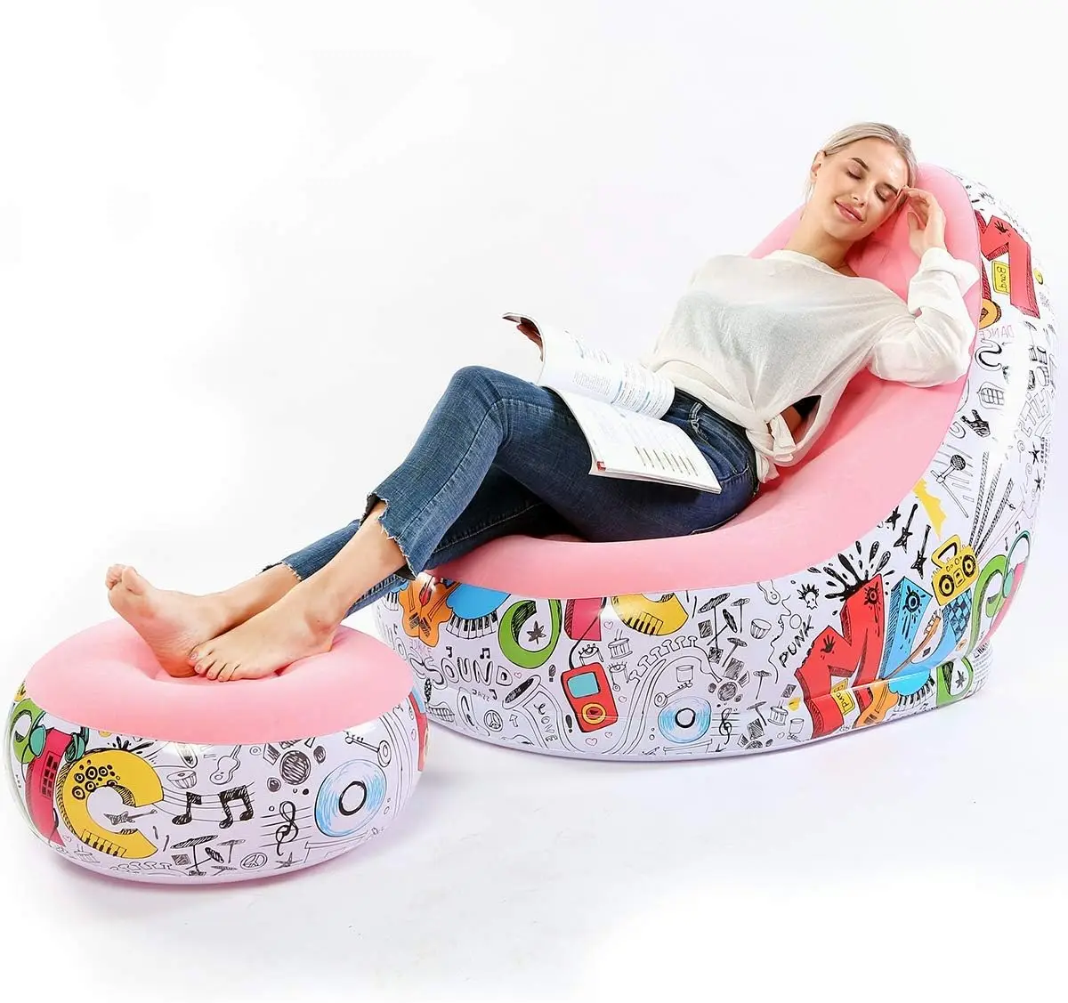 

Lazy Inflatable Sofa Chair With Graffiti Pattern Flocking And Foot Cushion - Suitable For Home, Office, And Outdoor Use -