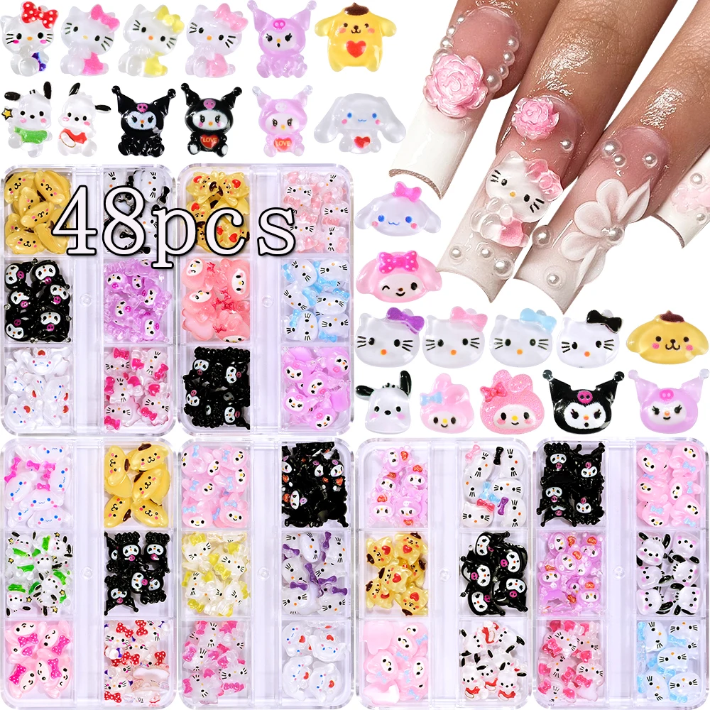 48Pcs/Box Sanrioed Melody Kuromi Cinnamoroll Nail Jewelry Charms Kit Kawaii Cartoon Kuromi Nail Rhinestone Gems Manicure Crafts