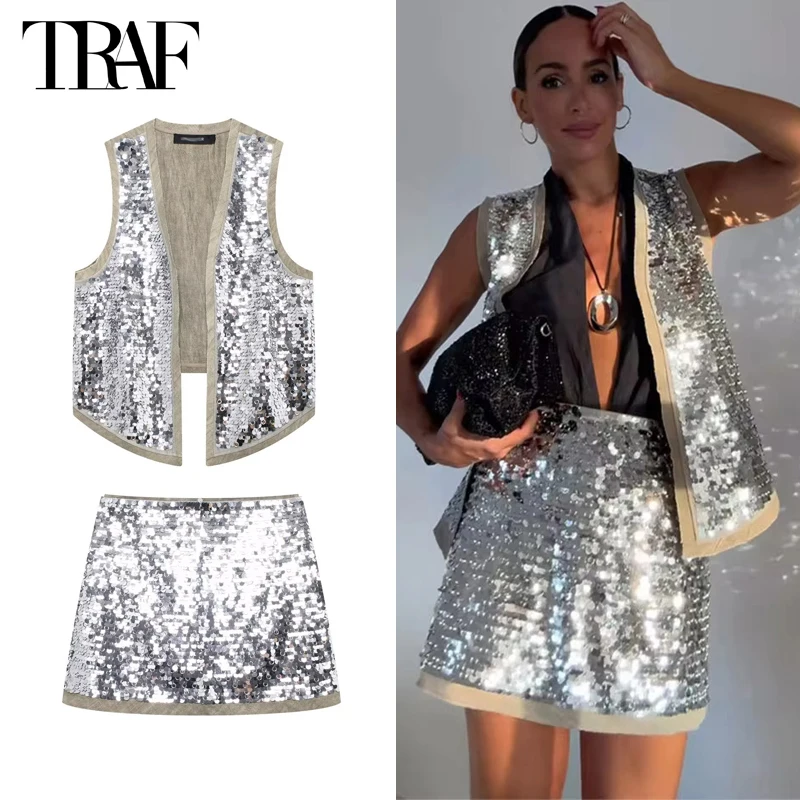 TRAF 2024 Sequin Open Vests for Women Glitter Sleeveless Vest Woman Summer Waistcoat Vest Top Women Fashion Luxury Lady Vests