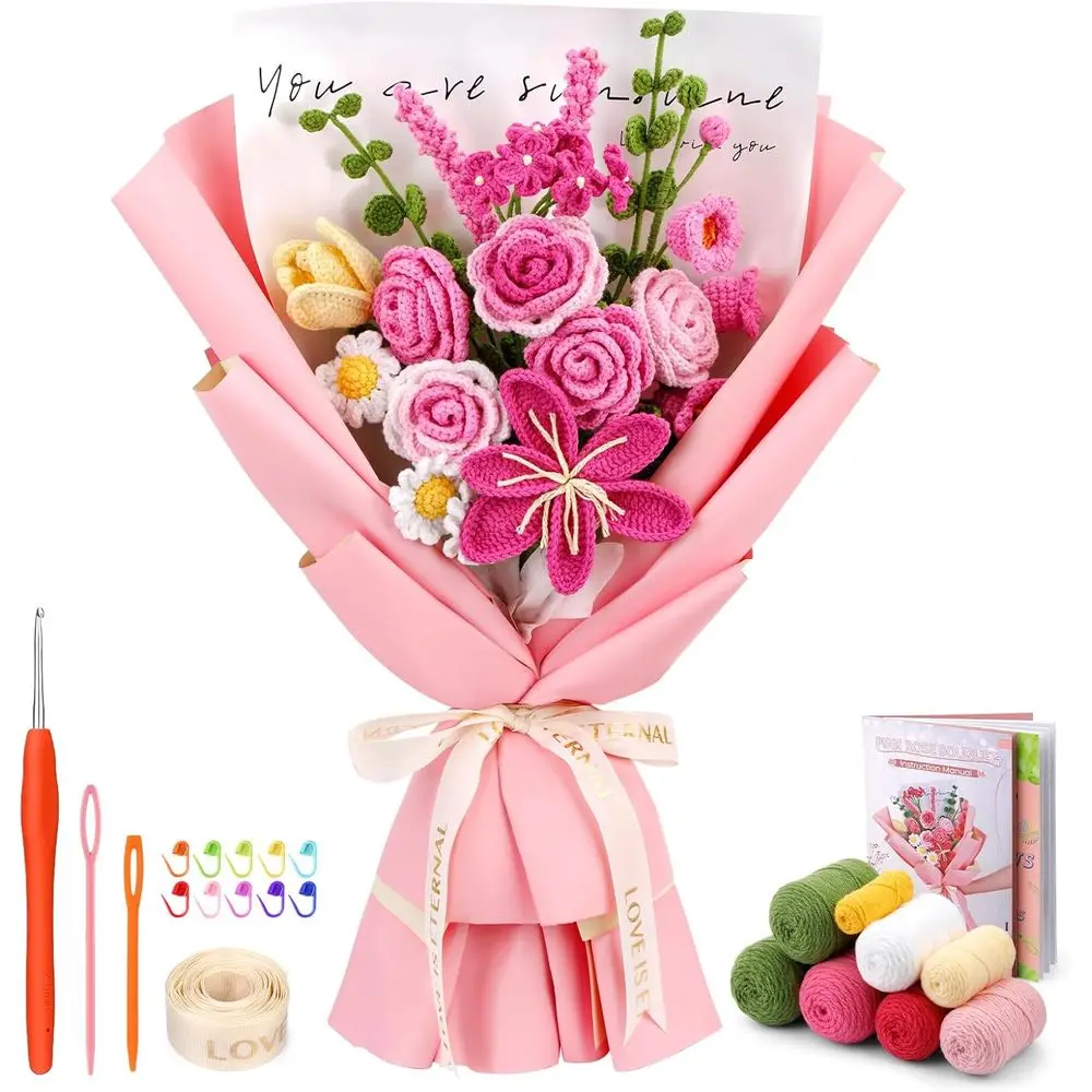 

Beginner's Rose-Pink Bouquet Crochet Kit: Step-by-Step Video Tutorials for Birthdays, Anniversaries, Weddings, and Home Decor