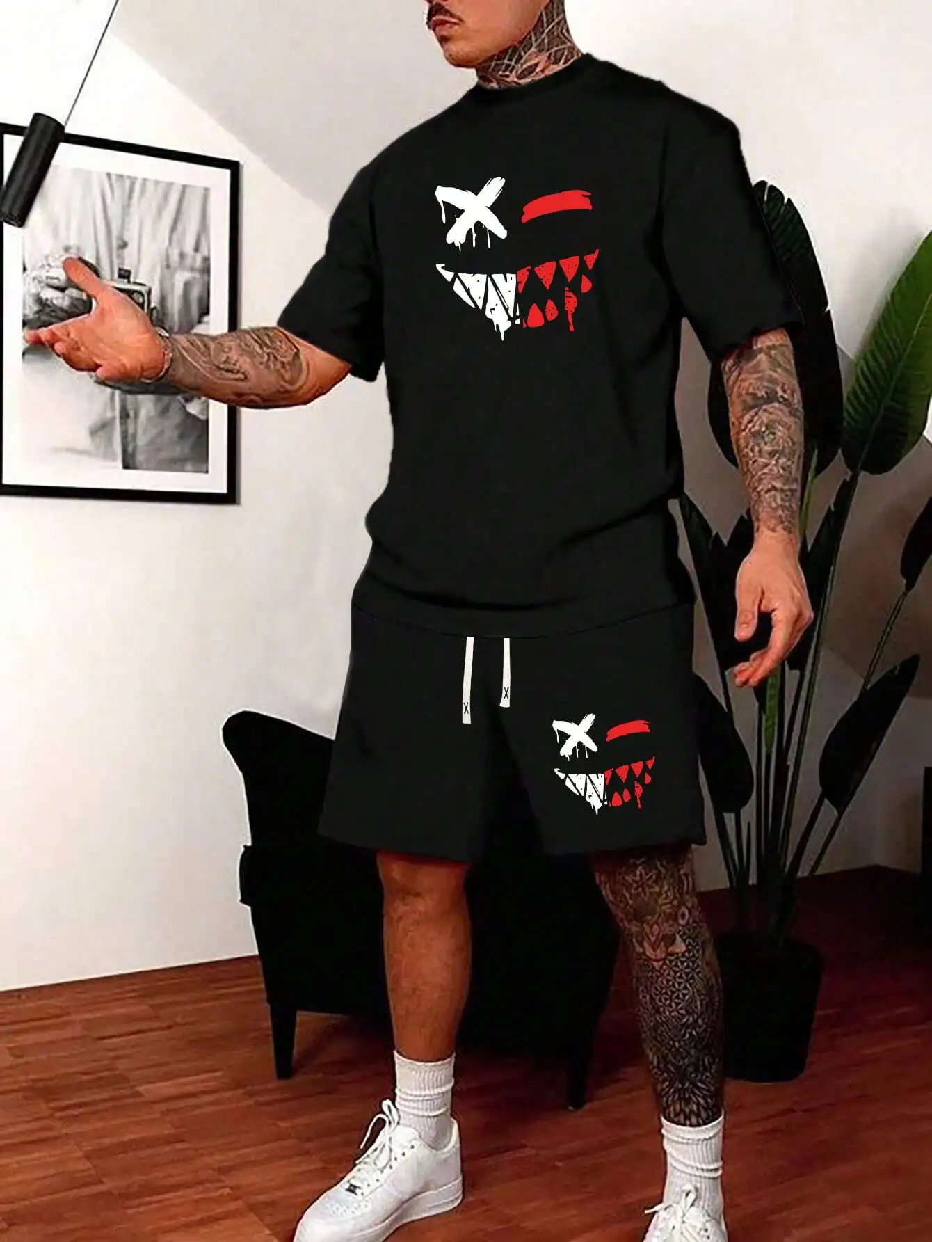 

Men's Black Graphic Print 2-Piece Set: Loose Fit T-Shirt & Drawstring Shorts