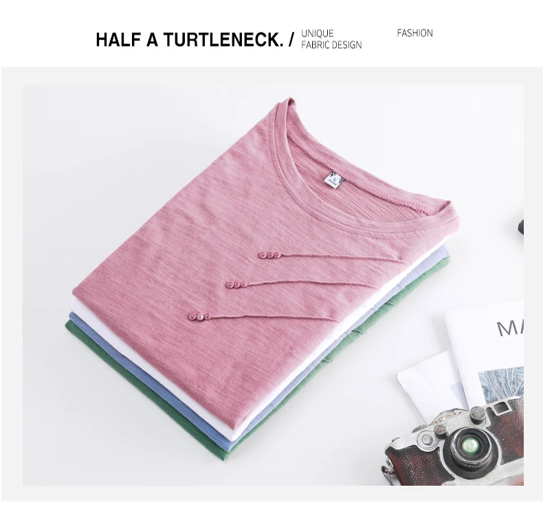 AOSSVIAO 2026 Summer Solid Color Women's T-Shirts Slub Cotton O-Neck Short Sleeve T-Shirt Loose Casual Simple Button Basic Top