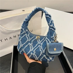 Top Brand Handbag With Coin Purse Luxury Designer Jean Bag For Women Fashion Diamond Lattice Denim Handbag Bucket Female Bolsos