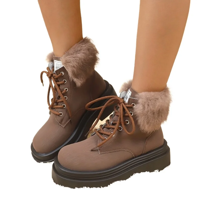 Shoes for Women 2024 High Quality Cross Lacing Women's Boots Fashion Short Plush Modern Boots Women New Round Toe Naked Boots