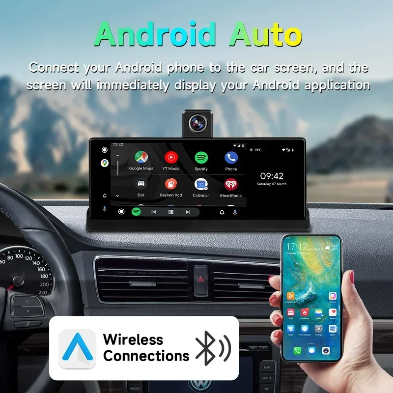 Cámara de salpicadero 4K de 10,26'' 360 ° Lente giratoria coche DVR inalámbrico Carplay Android Auto GPS navegación grabadora de vídeo tablero FM AUX