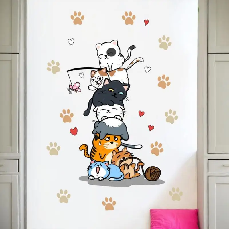 1 Buah Stiker Dinding Bertumpuk Cetakan Kaki Kucing dan Kucing Lucu untuk Dekorasi Rumah Stiker Dinding Kamar Tidur Kamar Anak-anak