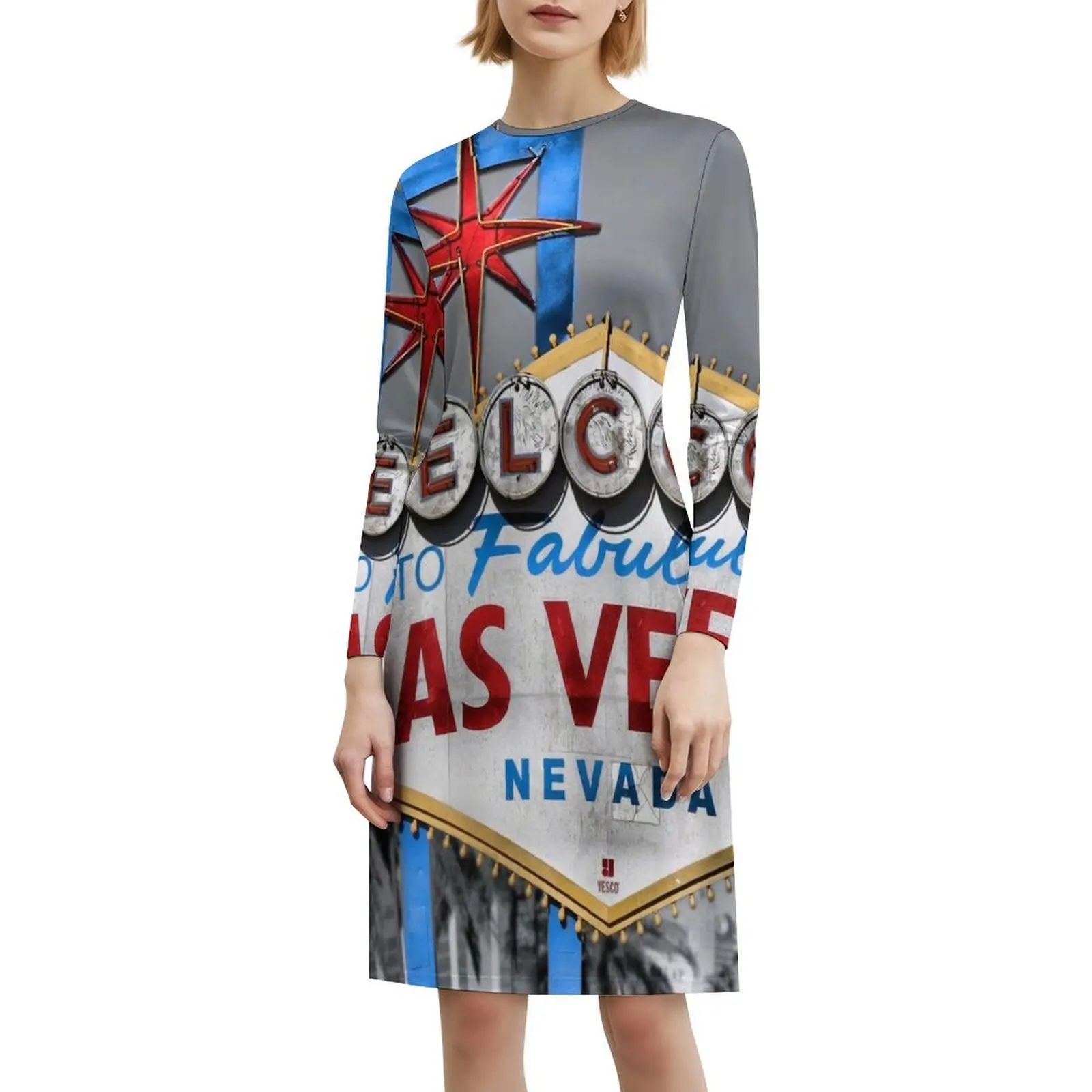 مرحبًا بكم في فستان رائع بخط عنق على شكل قلب من لاس فيغاس، فستان صيفي أنيق للحفلات للنساء، لافتة ترحيب لاس فيغاس فيغاس