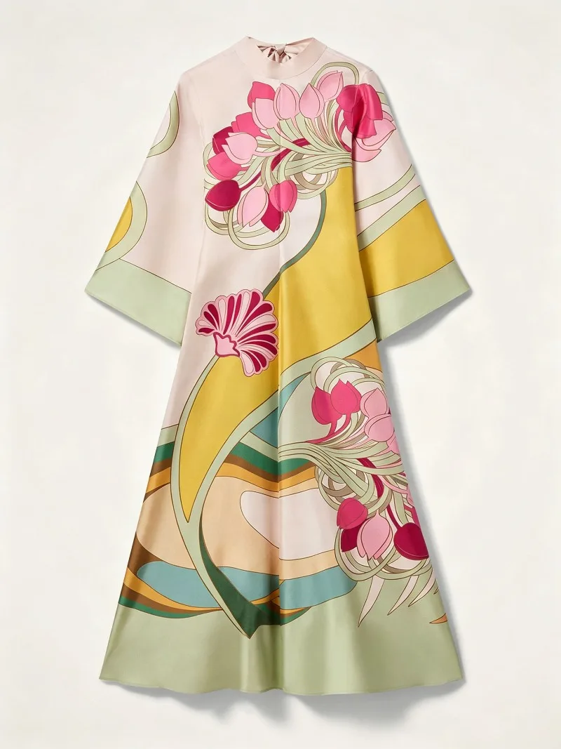YAYUOTI Women 2026 Summer New Hot Selling Satin Printed Halter Neck Vacation Elegant Slimming Swing Maxi Dress Trendy Chic Beach view 5