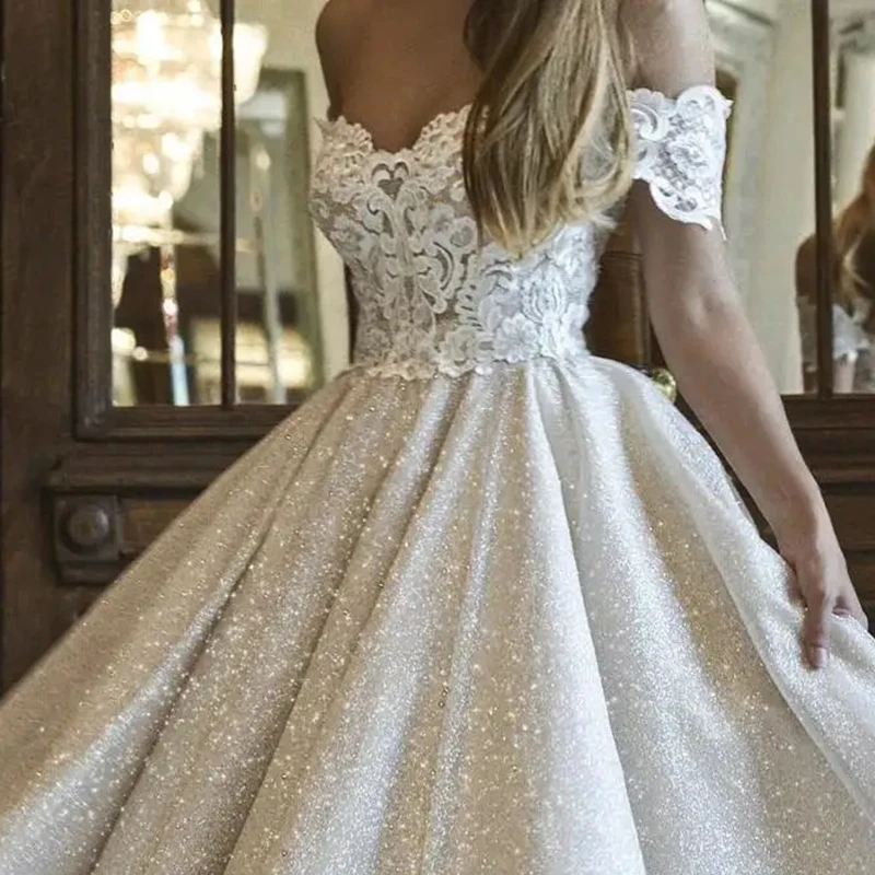 Robe de mariée courte à paillettes, épaules dénudées, corsage en dentelle, en Tulle scintillant, robe d'invitées de mariage personnalisable