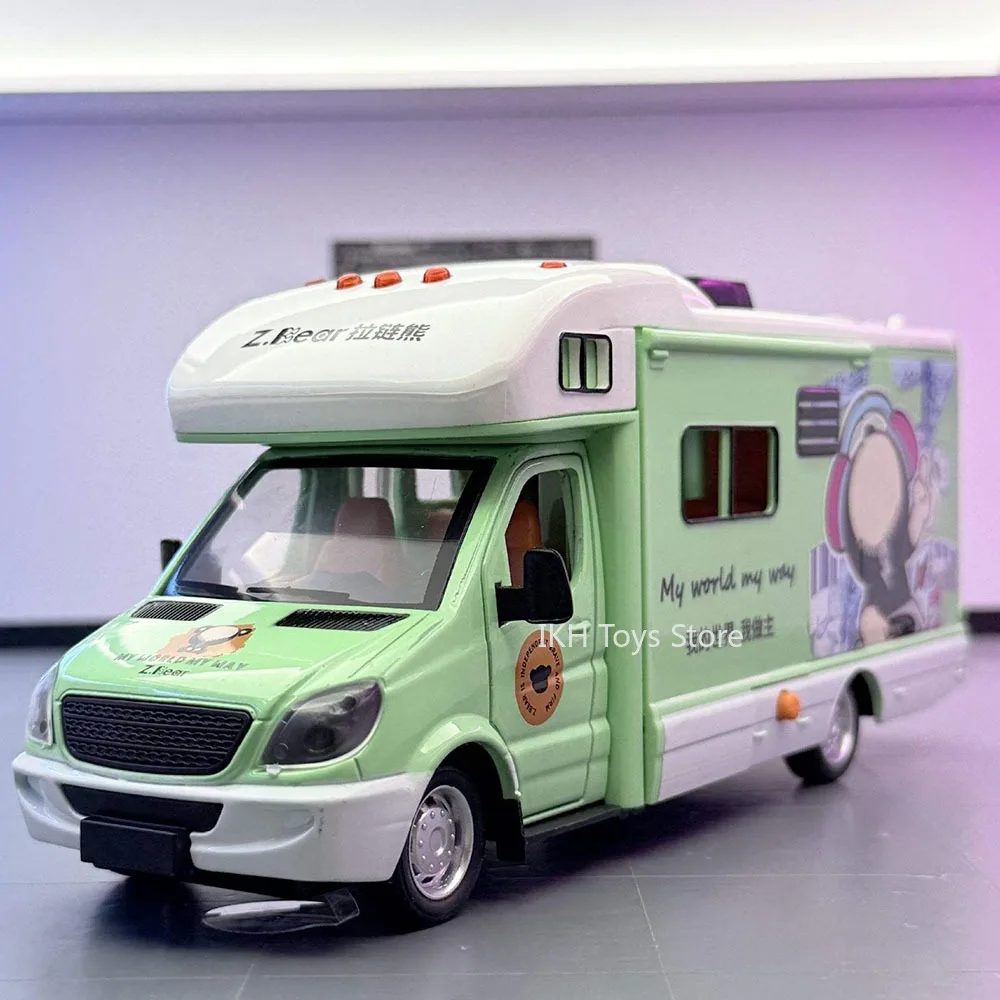 

1:32 Scale Alloy Model Cartoon Bear Toy Cars Metal Diecast Camping RV Sound Light Doors Opened Pull Back for Kids Birthday Gift