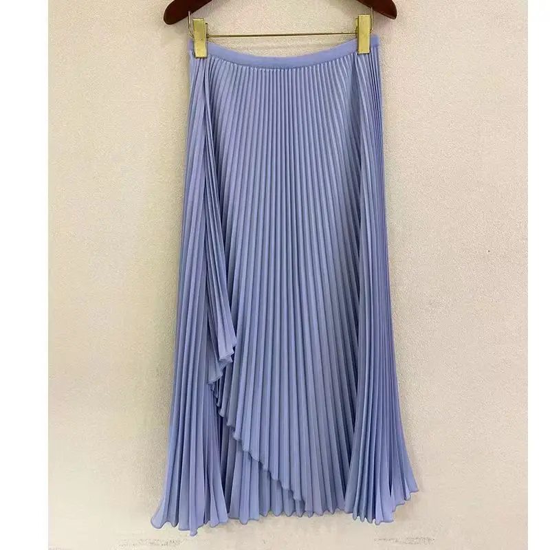 Women's High Waist Pleated Skirt, Loose, Irregular, Mid Length, Aesthetic, Designer Clothing, Drape, Summer, New, Korea